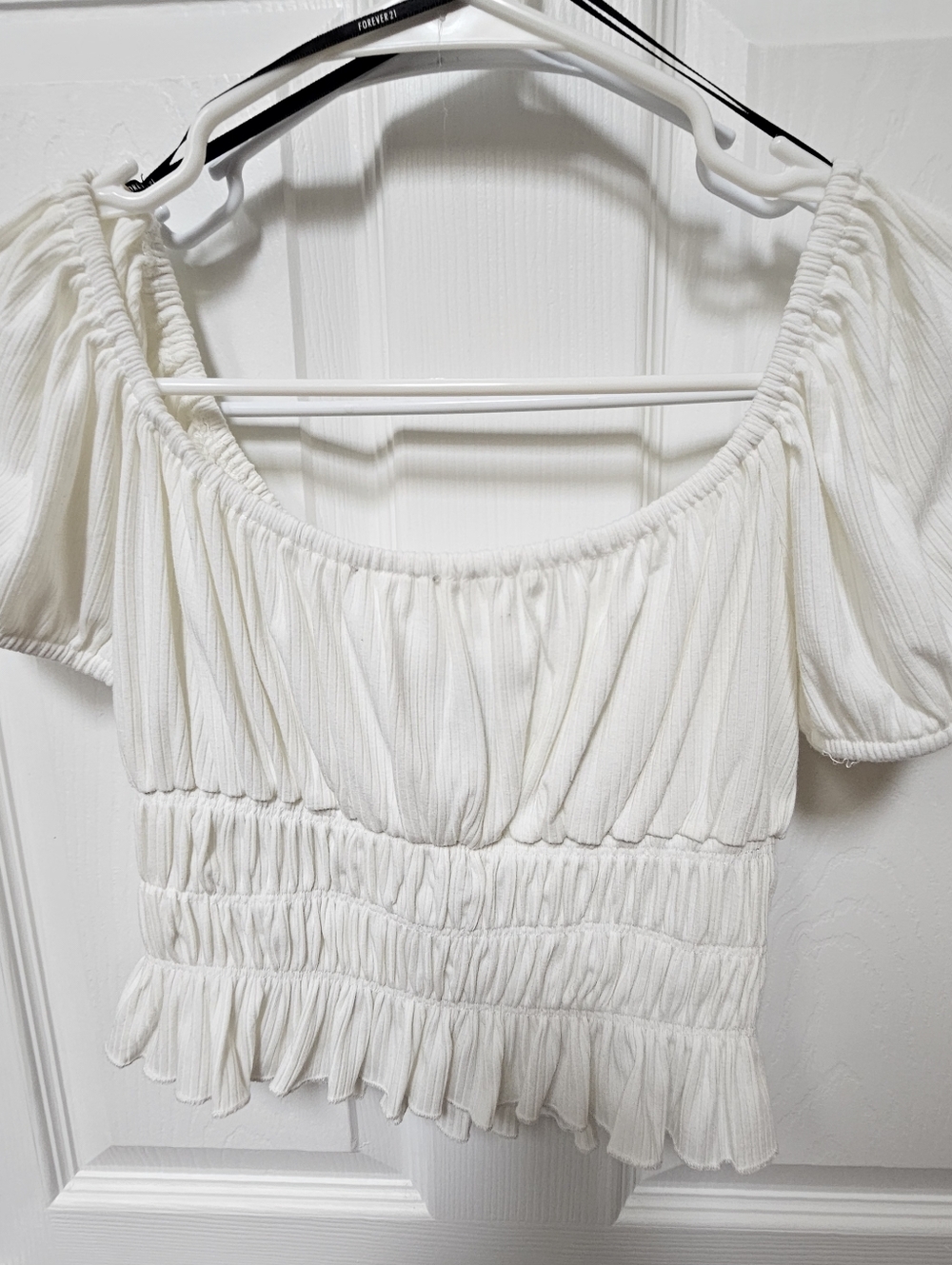 White Smocked Puff Sleeve Crop Top